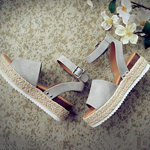 Sandalias Mujer Verano 2019 cáñamo Fondo Grueso Sandalias Punta Abierta Cuero Fondo Plano Zapatos Bohemias Romanas Hebilla Zapatillas Gris 35-43 riou