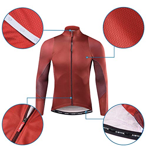 Santic Maillot Bicicleta Hombre Maillot Ciclismo con Mangas Largas con Bolsillos como Camiseta Interior en Invierno Rojo de Ladrillo EU L