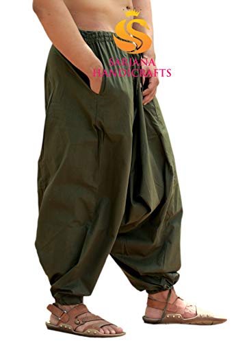 Sarjana Handicrafts - Pantalón bombacho hindú de algodón, pantalón harem, pantalón de yoga para hombre Marrón caqui Talla única