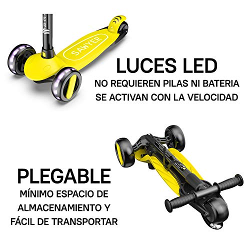 Sawyer - Patinete Ajustable Ruedas LED - Niños 2 a 8 Años (Amarillo)