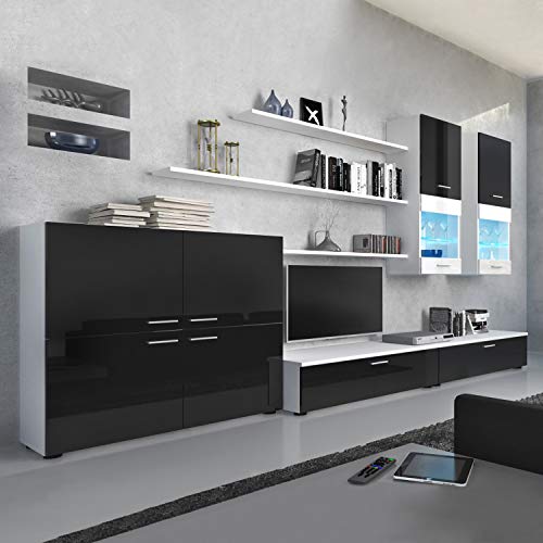 SelectionHome - Mueble Comedor Moderno, salón con Luces Leds, Acabado en Negro Brillo Lacado y Blanco Mate, Medidas: 300 x 189 x 42 cm de Fondo