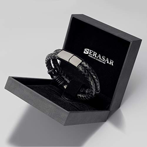 SERASAR 17cm Negro Pulsera de Cuero Hombre Chico Pulseras Hombres Brazalete Brazaletes Pulso Muñequera Muñequeras Bisuteria Bisutería Joyeria Nudos Cuerda Cuerdas Bracelet Men Jewellery Unisex Ancha