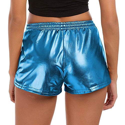 SHOBDW Mujeres de Moda elásticos de Cintura Alta Yoga Pantalones Deportivos Sexy Pantalones Cortos Delgados Brillantes Pantalones metálicos Polainas (L, Q-Azul)