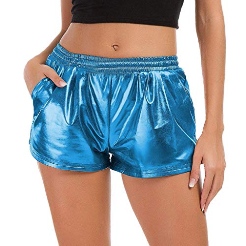 SHOBDW Mujeres de Moda elásticos de Cintura Alta Yoga Pantalones Deportivos Sexy Pantalones Cortos Delgados Brillantes Pantalones metálicos Polainas (L, Q-Azul)