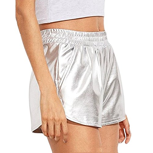 SHOBDW Mujeres de Moda elásticos de Cintura Alta Yoga Pantalones Deportivos Sexy Pantalones Cortos Delgados Brillantes Pantalones metálicos Polainas (M, Plata)