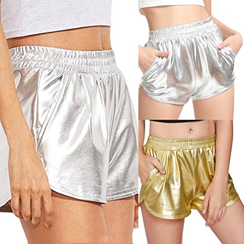 SHOBDW Mujeres de Moda elásticos de Cintura Alta Yoga Pantalones Deportivos Sexy Pantalones Cortos Delgados Brillantes Pantalones metálicos Polainas (M, Plata)