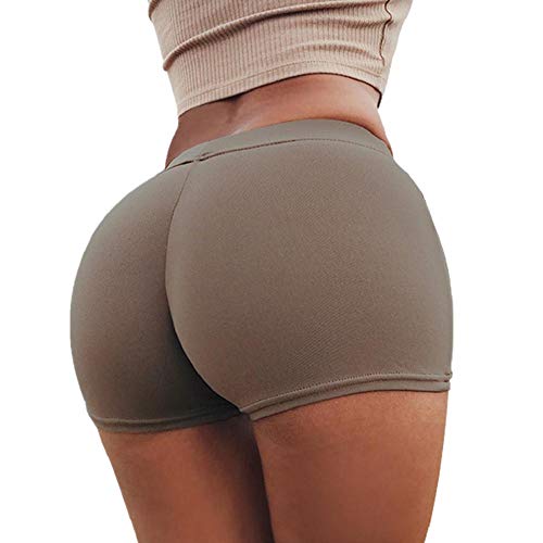 SHOBDW Pantalones de Verano Mujeres Shorts Deportivos Gimnasio de Moda Workout Waistband Skinny Yoga Short Pants (S, Café)