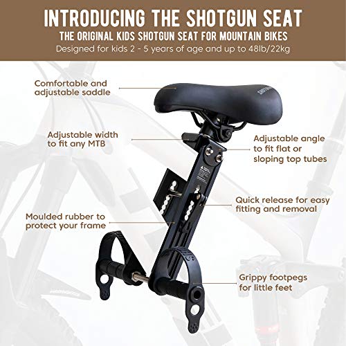 SHOTGUN Asiento infantil para bicicletas de montaña | Asientos delanteros para niños de 2 a 5 años (hasta 48 lbs.) | Compatible con todas las MBT para adultos | Fácil de instalar