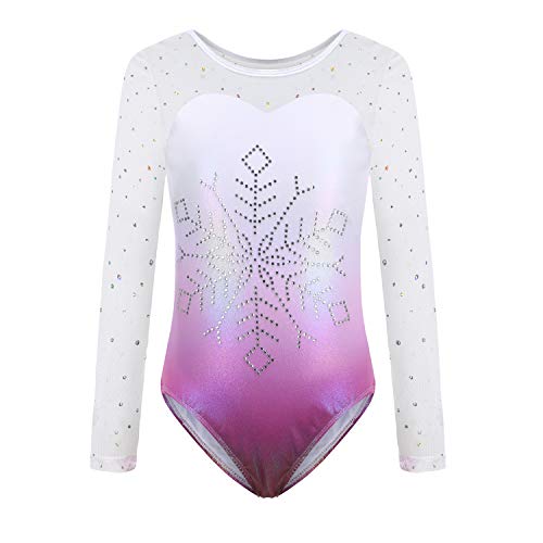 Sinoeem Leotardos de Gimnasia Rítmica para Niños Maillot de Ballet con Gradiente Flash Cuello Redondo Manga Larga/Manga Corta para Niñas de 3-12 Años (Púrpura - Manga Larga, Tag 6A(5-6 Years))