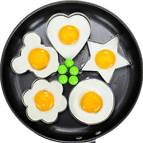 SJUNJIE 5 Piezas Anillos de Huevo Antiadherente de Acero Inoxidable Molde con Forma de Huevo para Huevos Frito Panqueques Tortitas Pancake Omelets Galleta Tortilla