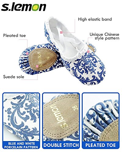 s.lemon Zapatillas de Ballet Media Punta Ballet Zapatos Bailarina Principiantes Danza Zapatos Flor Azul Y Blanca (Blanco, 39EU)