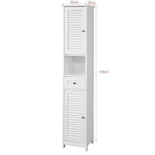 SoBuy Armario para baño Alto Mueble Columna de baño estanterías de baño-2 Puertas y 1 cajón FRG236-W,ES