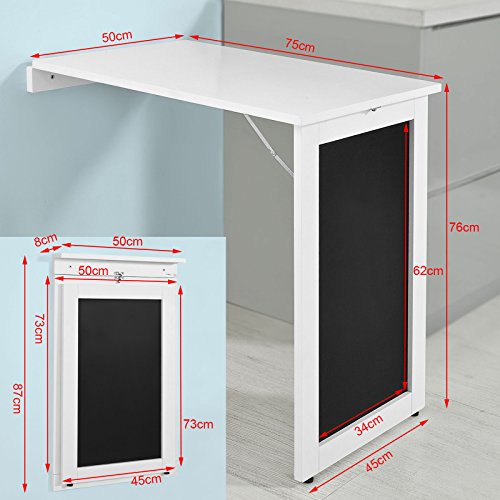 SoBuy FWT20-W,Mesa Plegable de Pared, Escritorio para Fijar en la Pared,con Pizarra Frontal,Blanco,Es