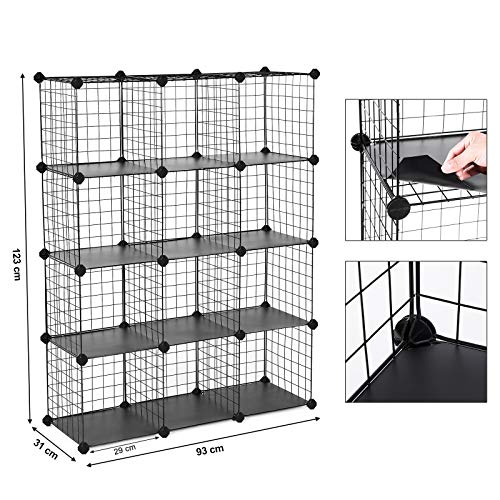 SONGMICS Armario Modular de Malla de Hierro, Armario de Almacenaje, Estantería Modulable, Organizador Multiuso, 4 Niveles, 3 Filas, con 1 Martillo de Goma Gratuito, 93 x 31 x 123 cml, Negro LPI34H