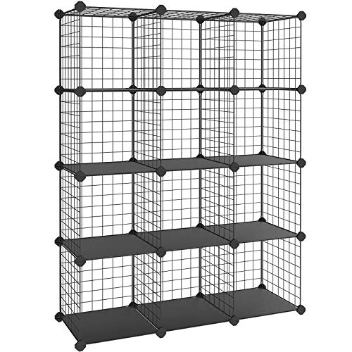 SONGMICS Armario Modular de Malla de Hierro, Armario de Almacenaje, Estantería Modulable, Organizador Multiuso, 4 Niveles, 3 Filas, con 1 Martillo de Goma Gratuito, 93 x 31 x 123 cml, Negro LPI34H