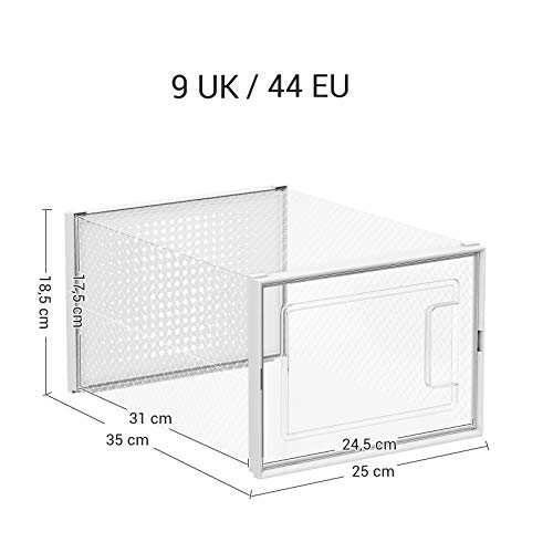 SONGMICS Cajas de Zapatos, Paquete de 18 Organizadores de Almacenamiento, Plegables y Apilables para Zapatillas hasta Talla 44, Transparente y Blanco LSP18MWT