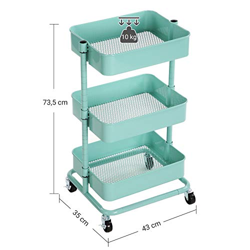 SONGMICS Carro de Almacenamiento de 3 Niveles, Estantería con Ruedas, con Estantes Ajustables en Altura, con 2 Frenos, Montaje Sencillo, para Baño, Cocina, Oficina, Verde Menta BSC60M