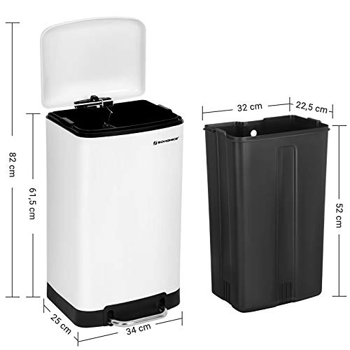 SONGMICS Cubo de Basura, Cubo de Reciclaje de 30L, Cubo de Pedal de Acero, con Cubo Interior y Tapa, Cierre Suave, Hermético, para Cocina, Sala de Estar, Blanco LTB01W