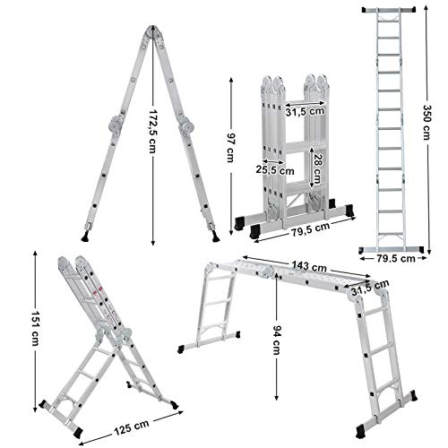 SONGMICS Escalera de Aluminio Multifuncional, Máx. Carga de Capacidad de 150 kg, Conforme al Estándar EN131 TÜV Rheinland GS, GLT36M