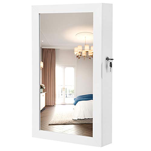 SONGMICS Espejo Joyero Colgante, Armario para Bisuterías Montado en Pared, con Imán y Llaves, Blanco JBC51W