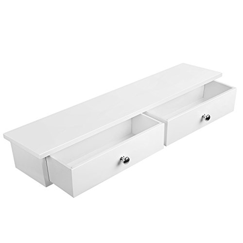 SONGMICS Estante de Pared, Estantería Flotante con 2 Cajones, Acabado de Alto Brillo, Capacidad hasta 15 kg, 65 x 15 x 10 cm, para Entrada, Salón, Cocina, Blanco LWS65WT