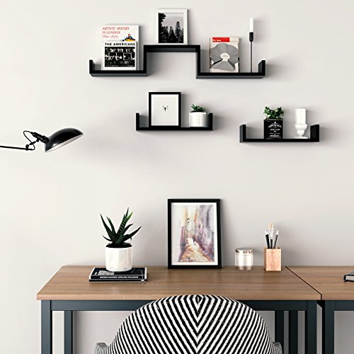 SONGMICS Juego de 3 Estantes murales Modernos, Estantes flotantes de Pared, Estantes de Almacenamiento de MDF, Laca Brillante, Montaje Oculto, Negro, LWS40BK