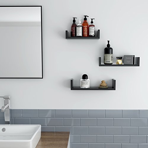 SONGMICS Juego de 3 Estantes murales Modernos, Estantes flotantes de Pared, Estantes de Almacenamiento de MDF, Laca Brillante, Montaje Oculto, Negro, LWS40BK