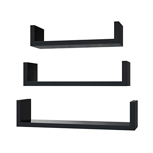 SONGMICS Juego de 3 Estantes murales Modernos, Estantes flotantes de Pared, Estantes de Almacenamiento de MDF, Laca Brillante, Montaje Oculto, Negro, LWS40BK