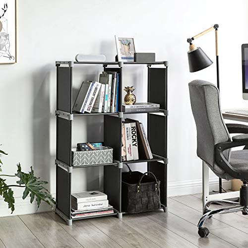 SONGMICS Librería de 6 Cubos, Estantería de Escalera de Tela, Armario de Almacenamiento, Montaje Bricolaje, para Salón, Dormitorio, Estudio, para Juguetes y Libros, Separador, Negro LSN63H