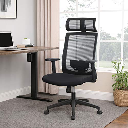 SONGMICS Silla de Oficina de Malla, Silla de Escritorio, Giratorio de 360°, Soporte Lumbar Ajustable, con Apoyacabezas y Apoyabrazos, Ángulo de Inclinación Bloqueable hasta 120°, Negro OBN55BK