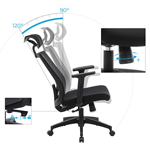 SONGMICS Silla de Oficina de Malla, Silla de Escritorio, Giratorio de 360°, Soporte Lumbar Ajustable, con Apoyacabezas y Apoyabrazos, Ángulo de Inclinación Bloqueable hasta 120°, Negro OBN55BK