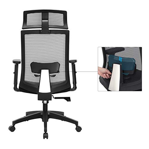 SONGMICS Silla de Oficina de Malla, Silla de Escritorio, Giratorio de 360°, Soporte Lumbar Ajustable, con Apoyacabezas y Apoyabrazos, Ángulo de Inclinación Bloqueable hasta 120°, Negro OBN55BK