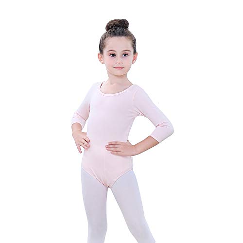 Soudittur Maillot de Ballet Danza Clásico para Niña Manga 3/4 Body Leotardo Gimnasia Ritmica (Rosa, Tag 100 (Height: 95-105 cm))