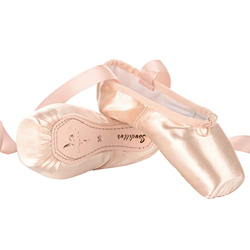 Soudittur Zapatillas de Ballet de Punta Pointe Zapatos Satén con Puntera de Gel de Silicona y Cintas para Niñas Rosa EU 36