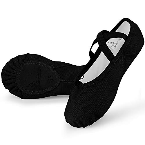 Soudittur Zapatillas Media Punta de Ballet - Calzado de Danza para Niña y Mujer Adultos Negras Suela Partida de Cuero Tallas 30