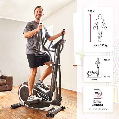 SportPlus SP-ET-9600-iE Bicicleta Elíptica con Aplicación para Smartphone, 24 Niveles de Resistencia, Sensores de Pulso Manual, Peso del Usuario 150 kg, 120x62x160cm