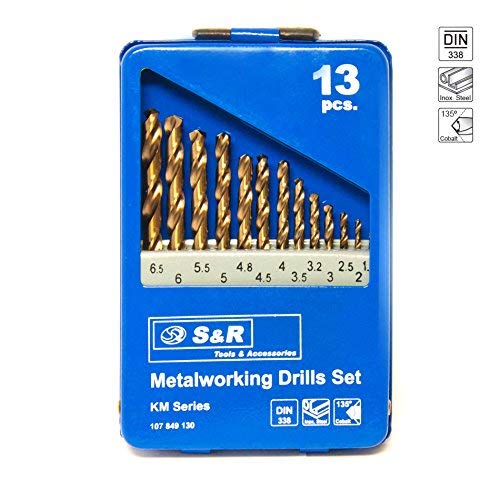 S&R Juego de brocas HSS COBALTO Rectificadas para metal 1,5-6,5 mm, 13 unidades, DIN 338, acero aleado con cobalto, corte tipo C según DIN 1412, 135 ° Caja metálica