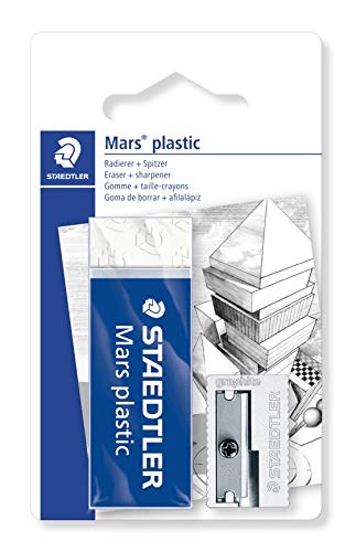 Staedtler Mars Plastic 526-S3BK2D. Blíster con una goma de borrar blanca con faja de cartón y un sacapuntas de acero.