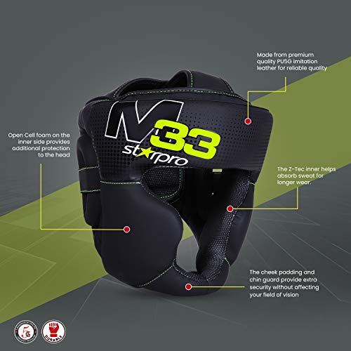 Starpro M33 Casco Boxeo | Cuero sintético Mate | Negro y Verde | Protección para la Cabeza y Las mejillas para Sparring en Boxeo Muay Thai Kickboxing Fighting & Training | Hombres y Mujeres