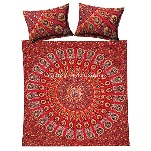 Stylo Culture Étnico Funda De Edredón Algodón Cama Matrimonial Funda Nórdica con Fundas De Almohada Rojo Amarillo Mandala Tamaño Reina Impreso Pluma de Pavo Real Sabana (218 x 208 cm)