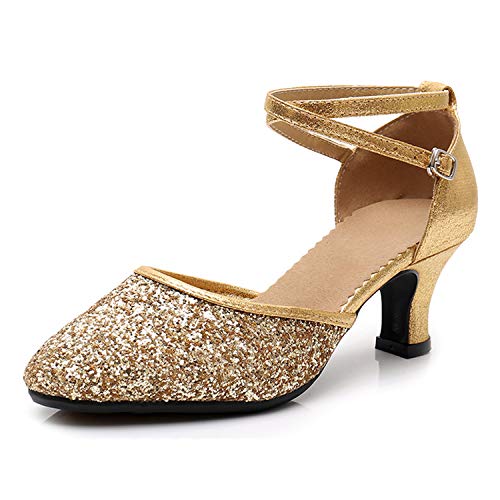 SWDZM Zapatillas de Baile para Mujer,Zapatos de Salon Mujer,Zapatos de Baile,Tacón-1.97'',al Aire Libre Modelo,Gold 37.5EU/24CM