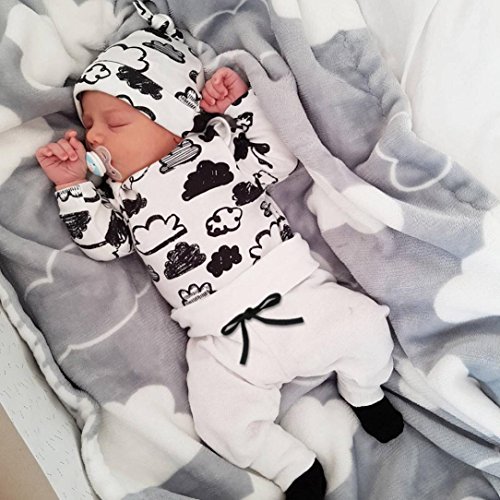 Switchali Ropa Bebe Nino Recien Nacido otoño Impresión de la Nube Blusa Bebe niña Manga Larga Camisetas Bebé Conjuntos Moda Camisa + Pantalones + Sombrero (3 Piezas) (70 (0~3meses), Blanco)