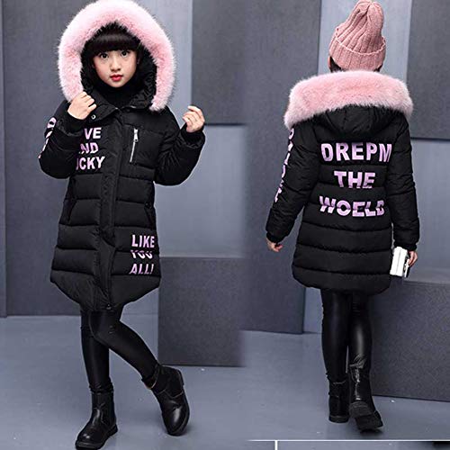 SXSHUN Niñas Abrigo Acolchado de Invierno con Capucha de Pelo Chaqueta Caliente de Algodón con Estampado de Letras, Negro, 9-10 años