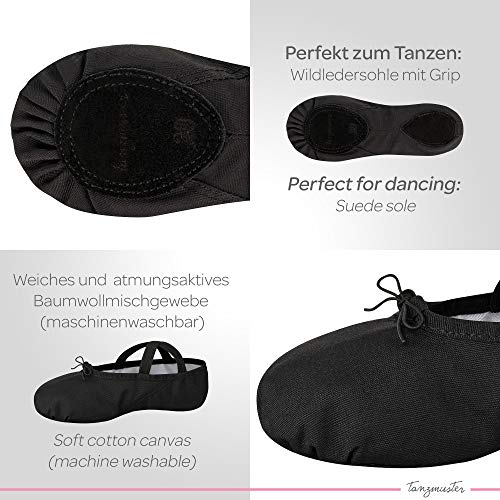 tanzmuster Zapatillas Media Punta de Ballet - Lino, Suela Partida de Cuero - Negro - Talla: 37