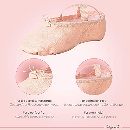 tanzmuster Zapatillas Media Punta de Ballet - Lino, Suela Partida de Cuero - Rosa Albaricoque - Talla: 23