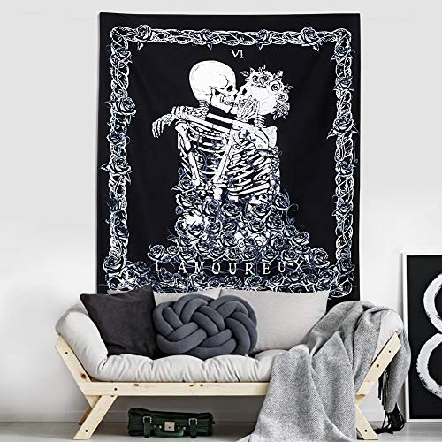 Tapiz de Calavera Los Amantes de los Besos Tapiz Colgante de Pared En Blanco y Negro Tapiz de Esqueleto Humano con Corona de Rosas Tapices de decoración para el hogar