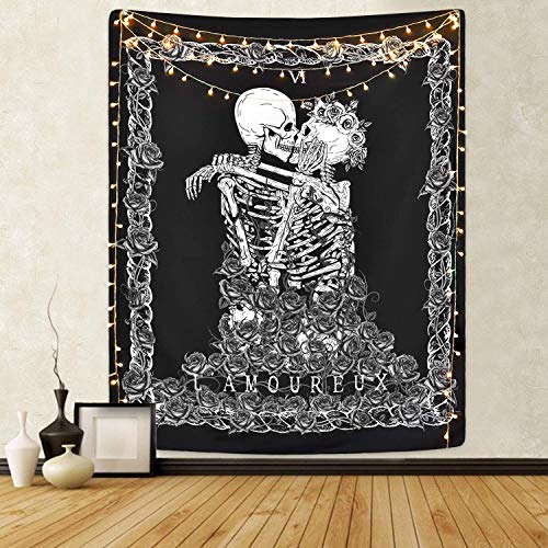 Tapiz de Calavera Los Amantes de los Besos Tapiz Colgante de Pared En Blanco y Negro Tapiz de Esqueleto Humano con Corona de Rosas Tapices de decoración para el hogar