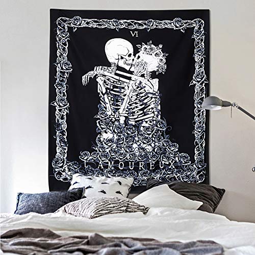 Tapiz de Calavera Los Amantes de los Besos Tapiz Colgante de Pared En Blanco y Negro Tapiz de Esqueleto Humano con Corona de Rosas Tapices de decoración para el hogar