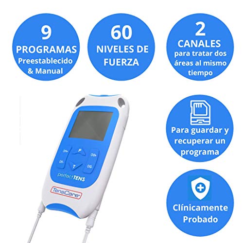 TensCare Perfect Tens+ 12 electrodos – Electroestimulador para Alivio del dolor. 2 Canales, con programas Clínicamente Comprobados para aliviar el dolor de espalda, Artritis y Lumbalgia