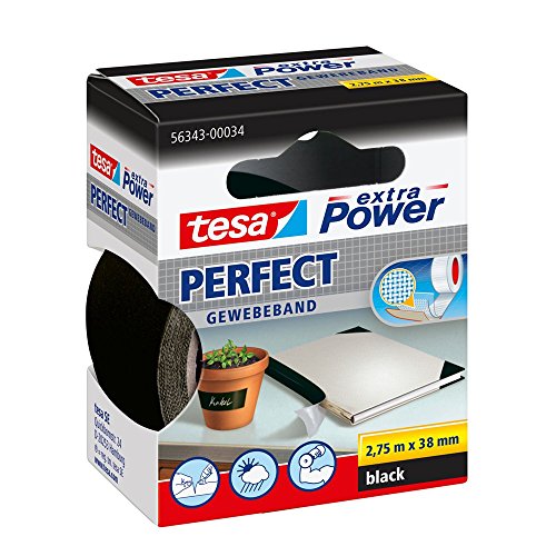 tesa Extra Power Perfect - Cinta de Reparación Reforzada en Tela para Confeccionar, Reparar, Fijar, Reforzar y Etiquetar - Negra - 2.75 m x 38 mm